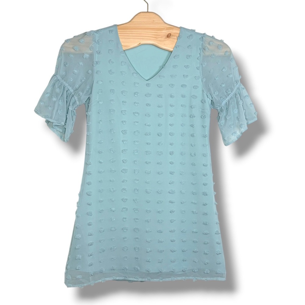 B Swiss Dot Mini Dress S Light Blue Flutter‎ Sleeve V-Neck Shift Dress